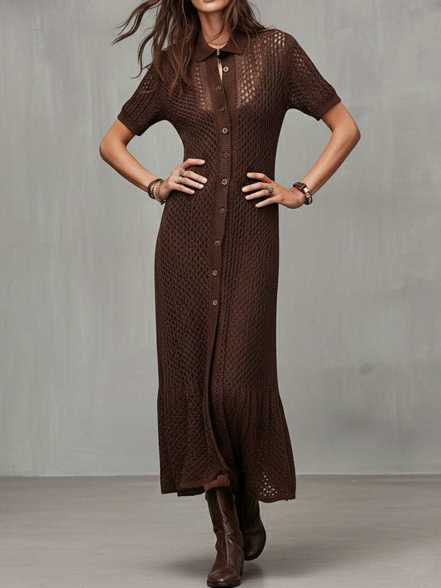 Quiet Luxury Chocolate Brown Crochet Knit Shirt Dress