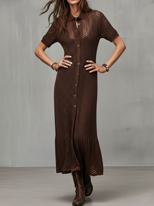 Quiet Luxury Chocolate Brown Crochet Knit Shirt Dress
