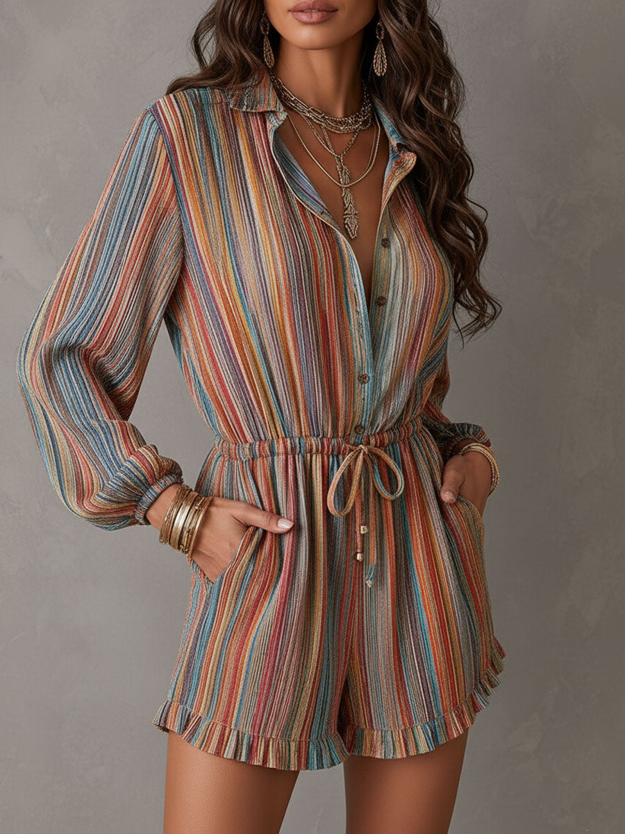 Boho Rainbow Stripe Cotton Linen Blend Drawstring Waist Romper