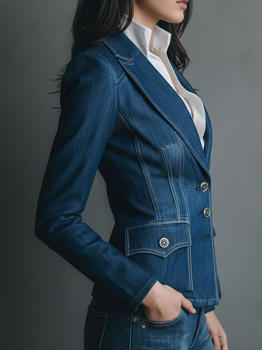Classic Fitted Denim Jean Jacket With Buttons And Pockets