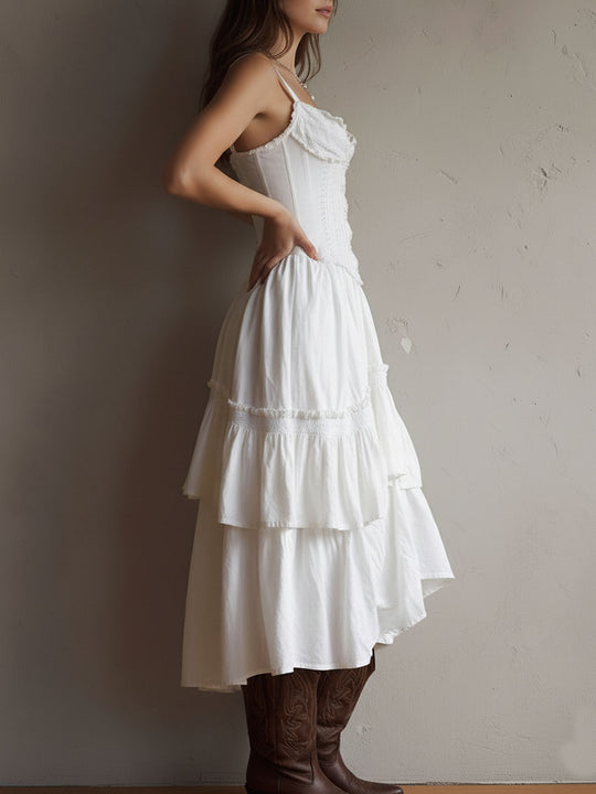 Retro Boho White Corset Tiered Midi Dress With Lace-Trim