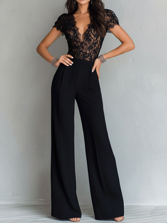Retro Elegant Black Lace V-Neck Bodice Wide-Leg Jumpsuit