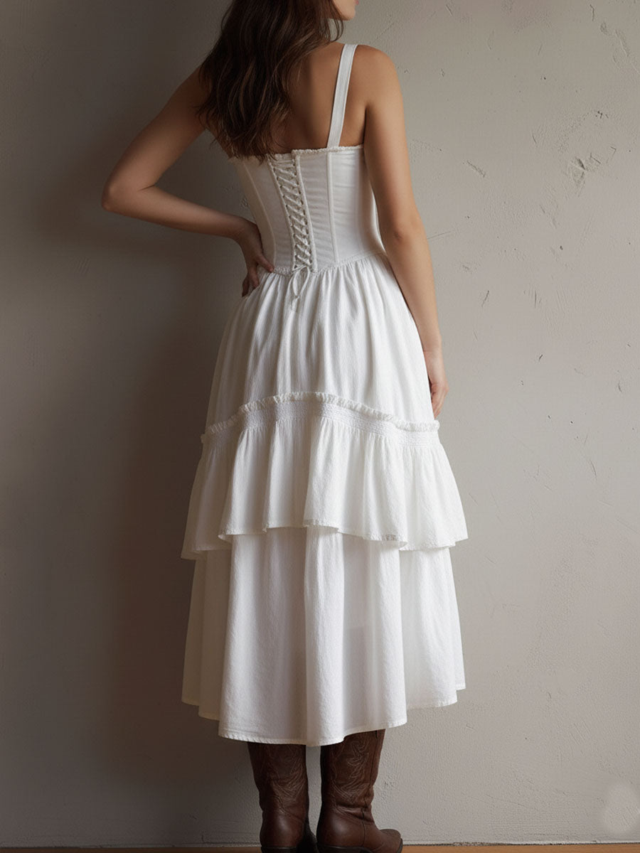 Retro Boho White Corset Tiered Midi Dress With Lace-Trim