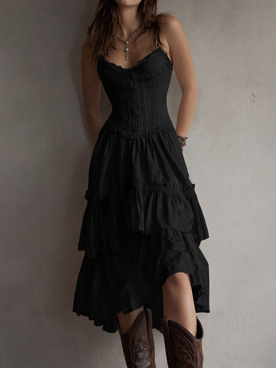 Retro Boho White Corset Tiered Midi Dress With Lace-Trim