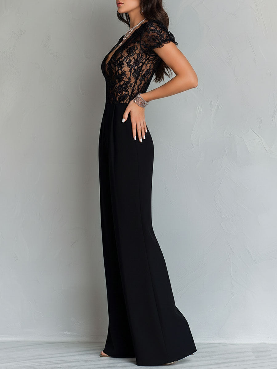 Retro Elegant Black Lace V-Neck Bodice Wide-Leg Jumpsuit