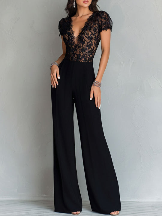 Retro Elegant Black Lace V-Neck Bodice Wide-Leg Jumpsuit