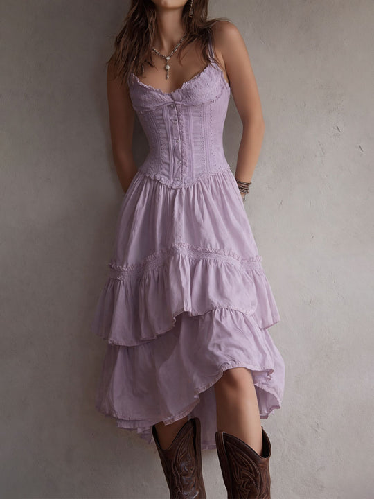 Retro Boho White Corset Tiered Midi Dress With Lace-Trim