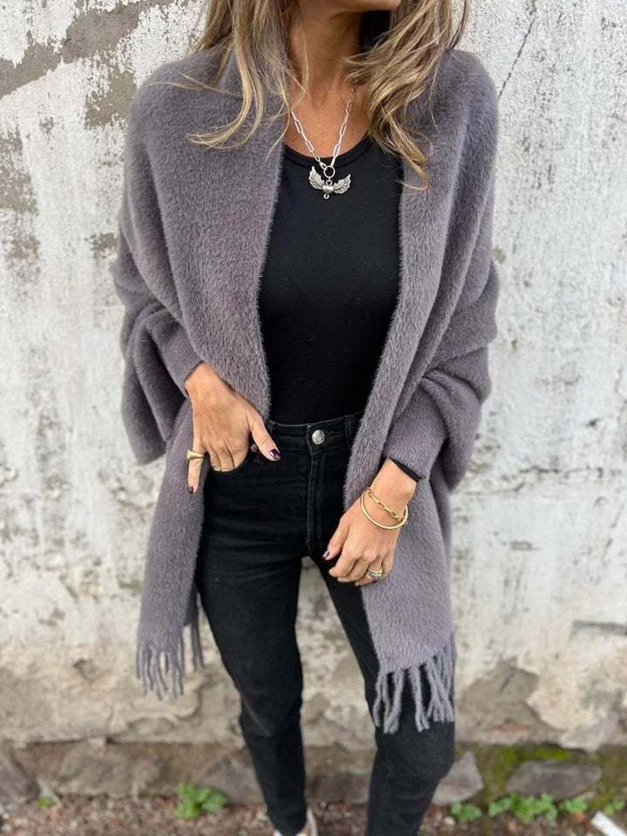 Casual Knitted Plush Tassel Shawl Coat