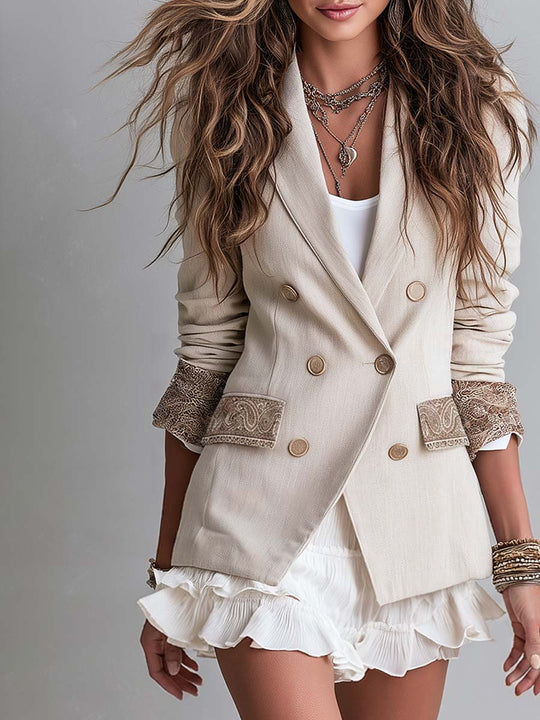 Boho Beige Double-Breasted Blazer With Paisley Cuffs