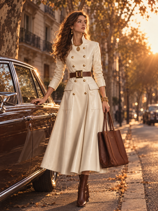 Refined Ivory Double-Breasted Belted Coat Dress