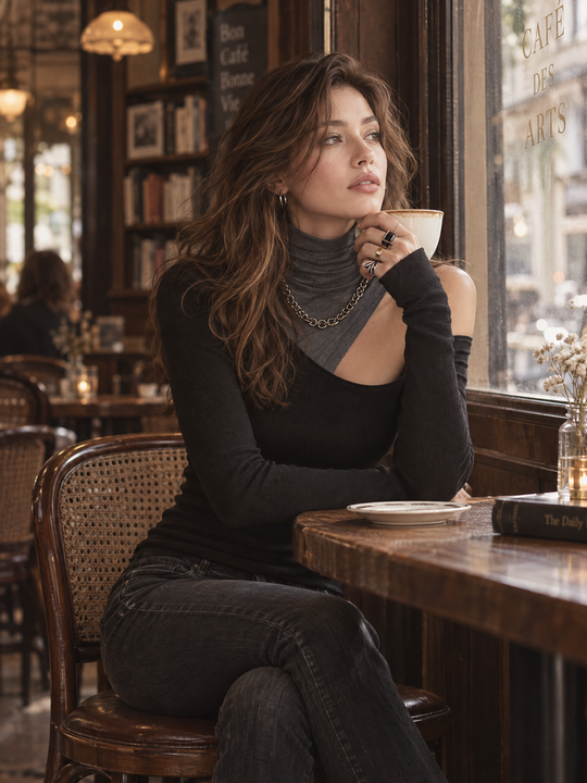 Modern Black Contrast Turtleneck Cutout Knit Top