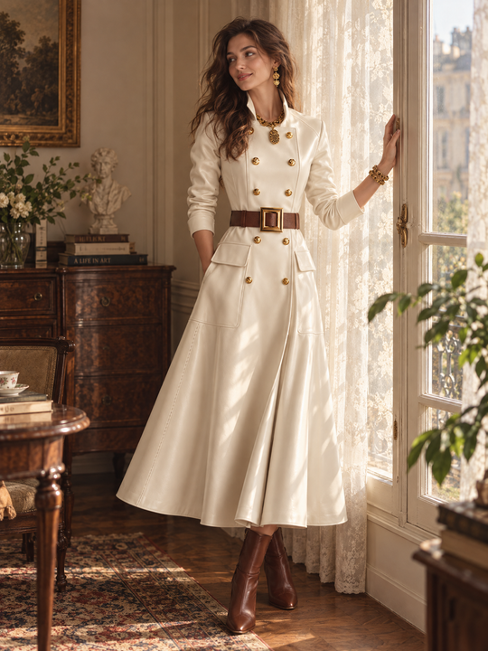Refined Ivory Double-Breasted Belted Coat Dress