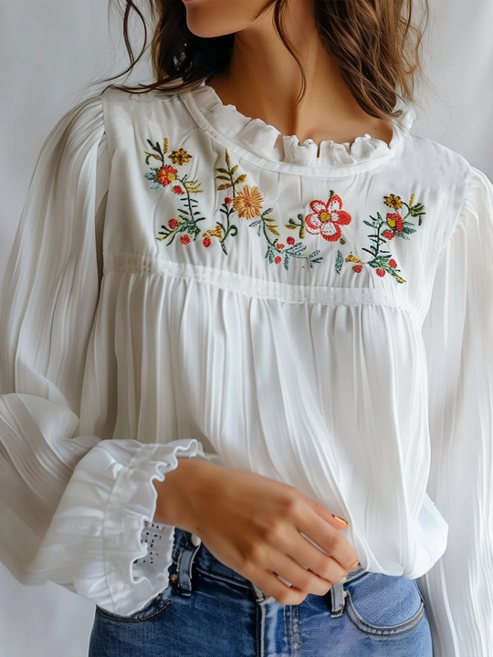 Lace Collar White Embroidered Blouse