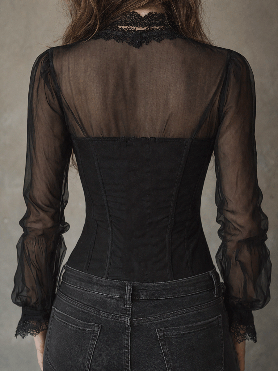 Vintage Chic Black Sheer Lace Corset Blouse