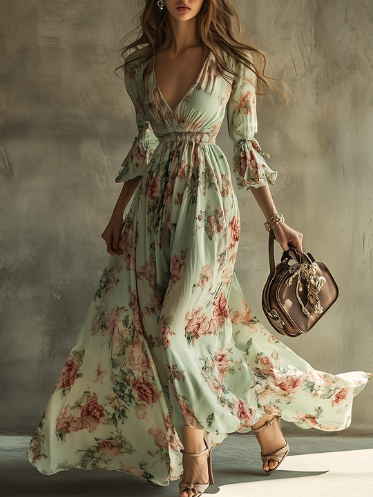 Bohemian Casual Holiday V-neck Floral Maxi Dress