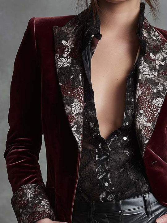 Velvet Blazer With Snake-Floral Print Lapels