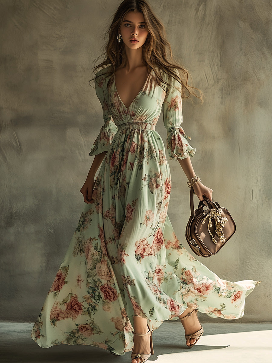 Bohemian Casual Holiday V-neck Floral Maxi Dress