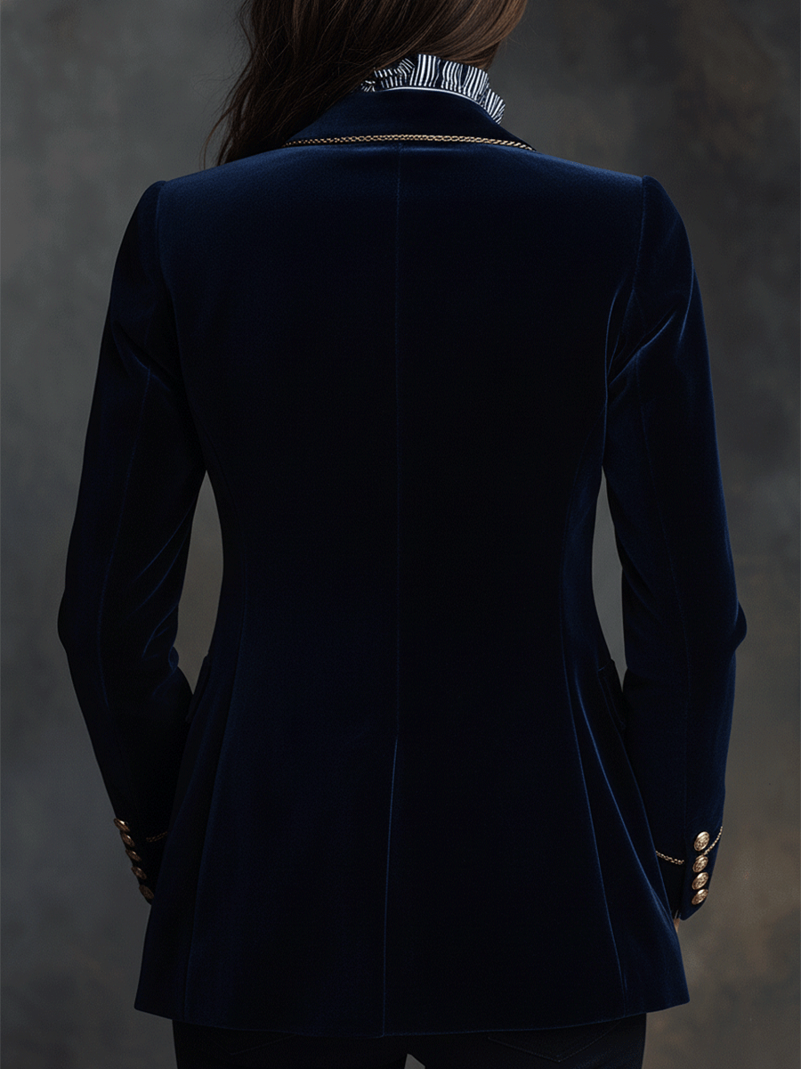 Exquisite And Elegant Navy Blue Velvet Double-Breasted Blazer
