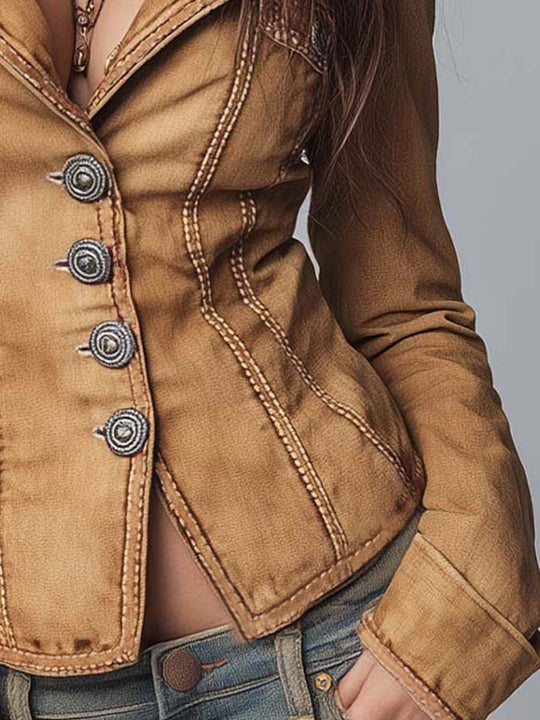 Slim-fit Vintage-style Washed Khaki Denim Jacket