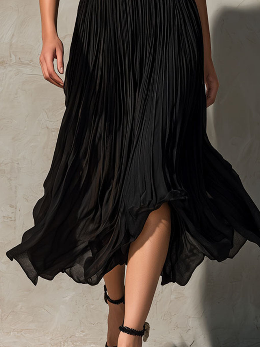 High-Neck Black Knite Halter Midi Dress With Pleated Chiffon Skirt