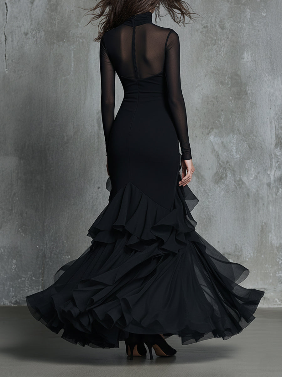 Vintage High-neck Mesh Panelled Maxi Dress With A Split Hem