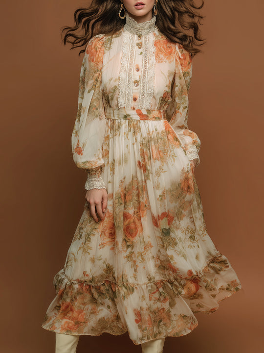 Bohemian Holiday Printed Lace Chiffon Midi Dress