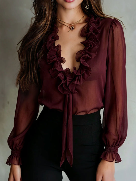 Retro Plum Sheer Ruffled Tie-Front Chiffon Blouse
