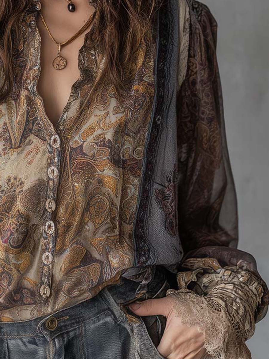 (clearance)Vintage Paisley Sheer Blouse With Lace Cuff Detailing