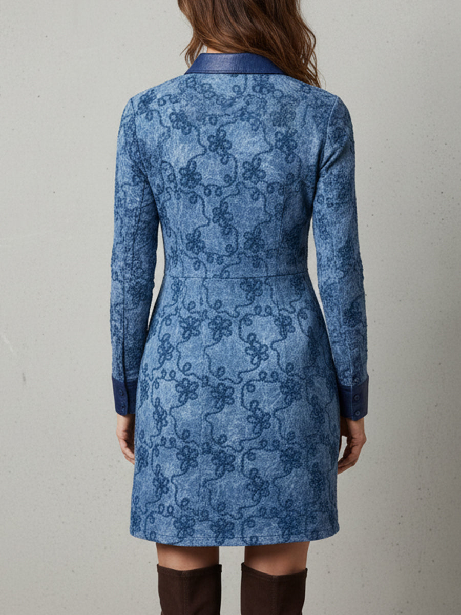 Retro 3D Jacquard Tie-dye Denim Splicing Mini Dress