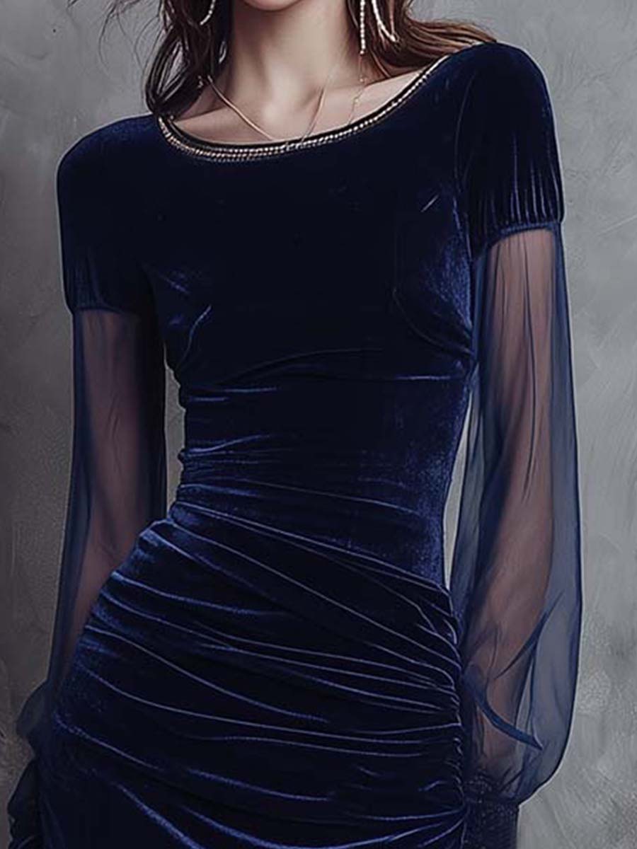 Velvet Midi Dress With Sheer Sleeves