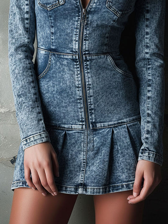 Vintage Wash Denim Zip-Front Mini Dress With Pleated Hem