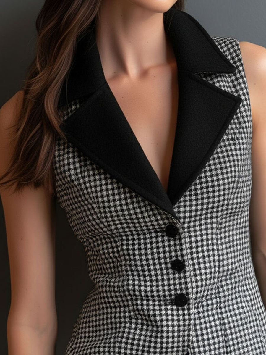 Sharp Contrast Lapel Houndstooth Tailored Vest