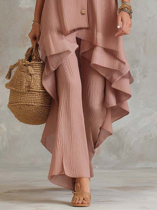 Bohemian Style Crinkled Gauze Sleeveless Top And Wide-leg Pants Two-piece Set