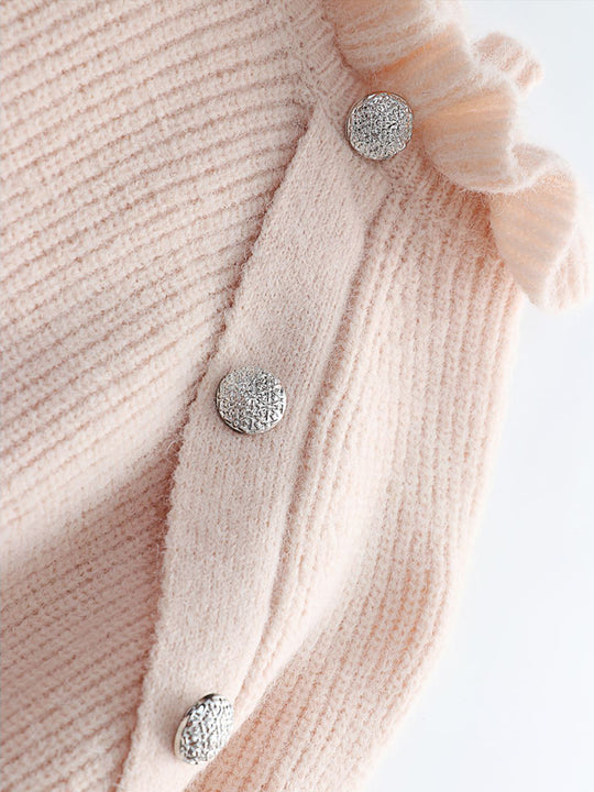 Elegant Ruffled Neck Knit Ribbed Texture Pullover Sweater