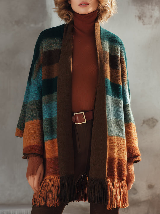 Bohemian Colorful Striped Knitted Fringed Hem Cardigan