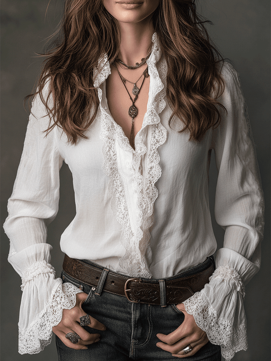 Casual And Versatile White Lace-Trimmed Shirt