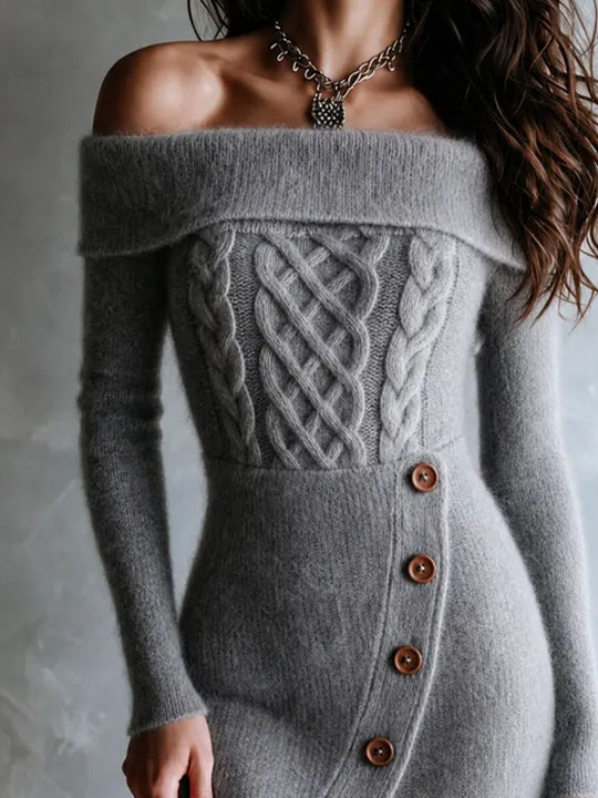 Boho Cable Bodice Knit Off‑Shoulder Side‑Slit Midi Dress