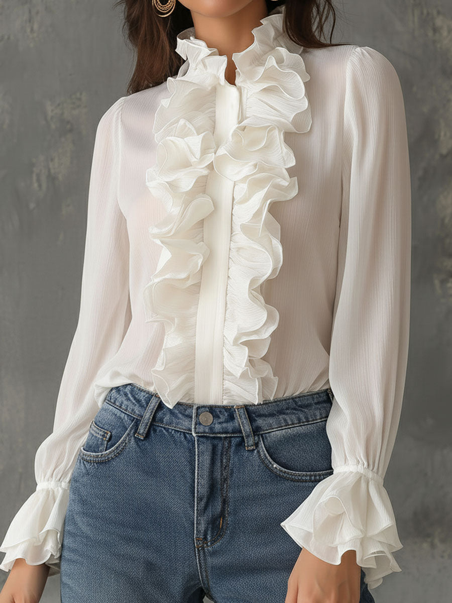 Retro Romantic High Neck White Ruffled Chiffon Blouse