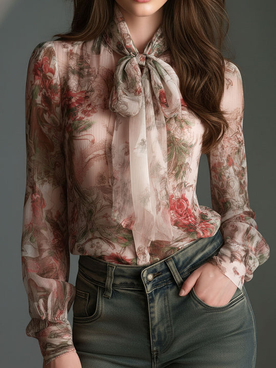 Retro Romantic Floral Chiffon Bow-Tie Blouse