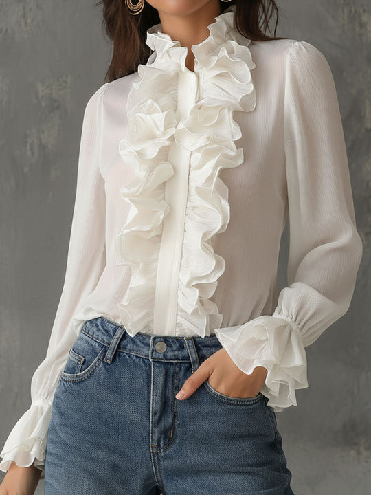 Retro Romantic High Neck White Ruffled Chiffon Blouse