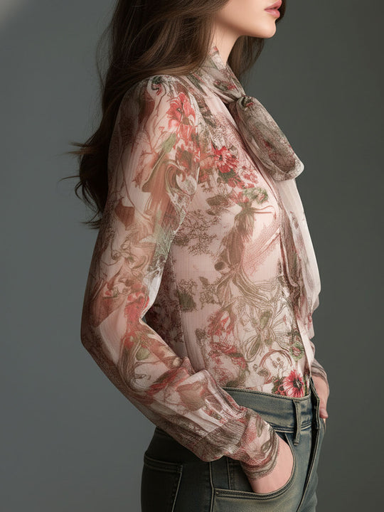 Retro Romantic Floral Chiffon Bow-Tie Blouse