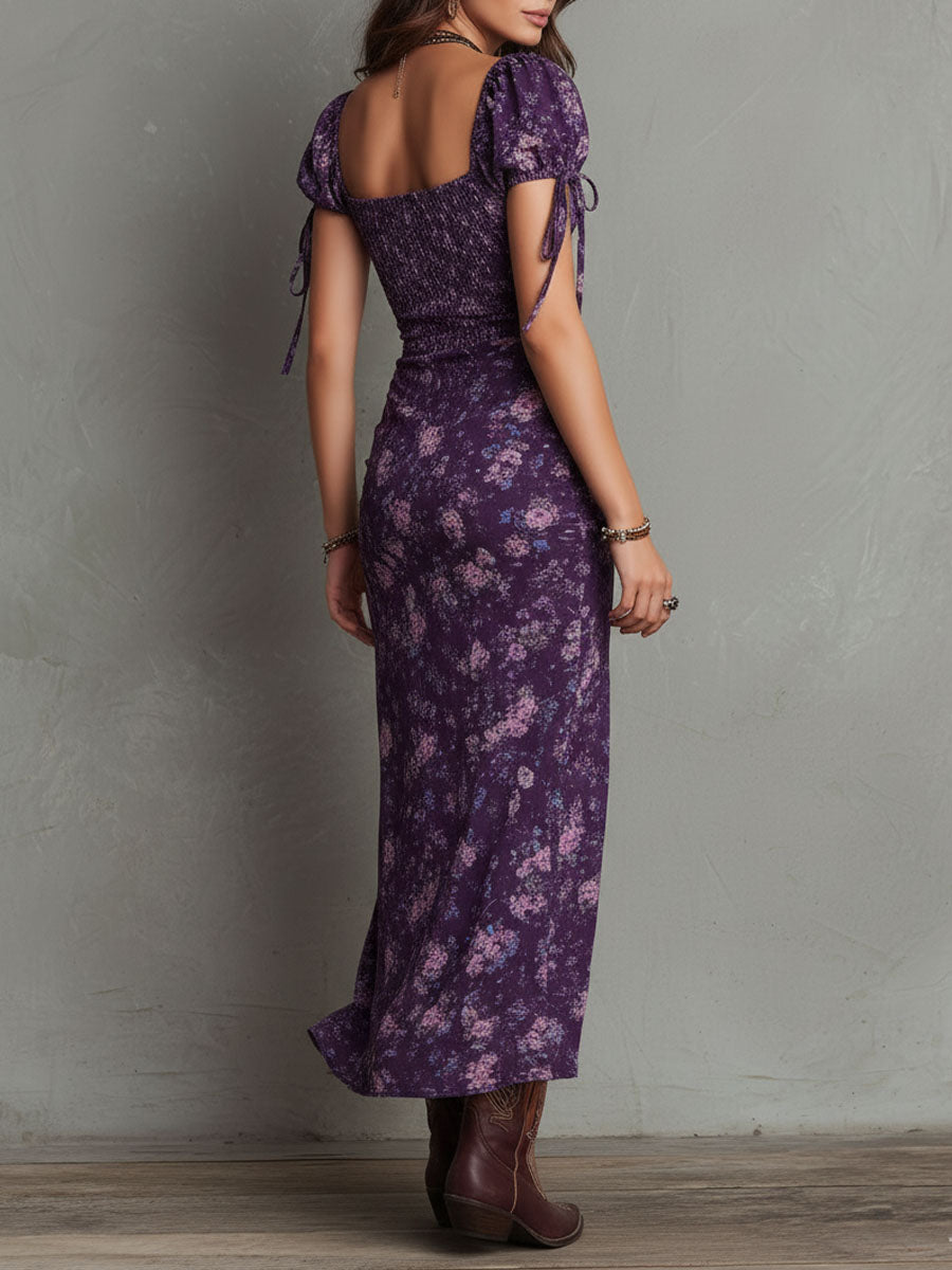 Boho Chic Smocked Floral Puff-Sleeve Midi Dress