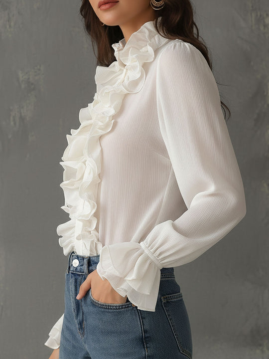 Retro Romantic High Neck White Ruffled Chiffon Blouse