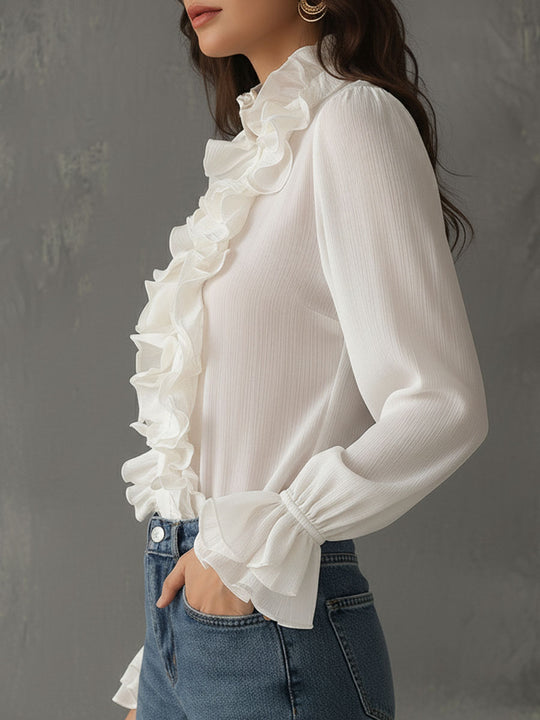 Retro Romantic High Neck White Ruffled Chiffon Blouse
