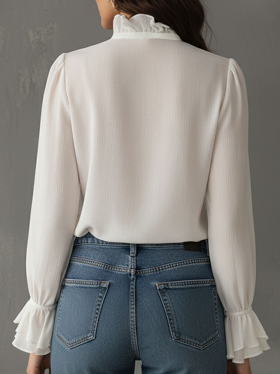 Retro Romantic High Neck White Ruffled Chiffon Blouse
