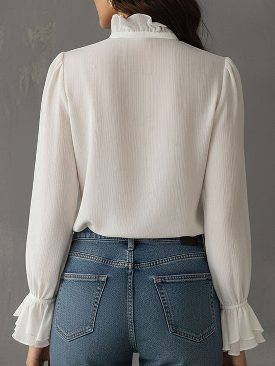 Retro Romantic High Neck White Ruffled Chiffon Blouse