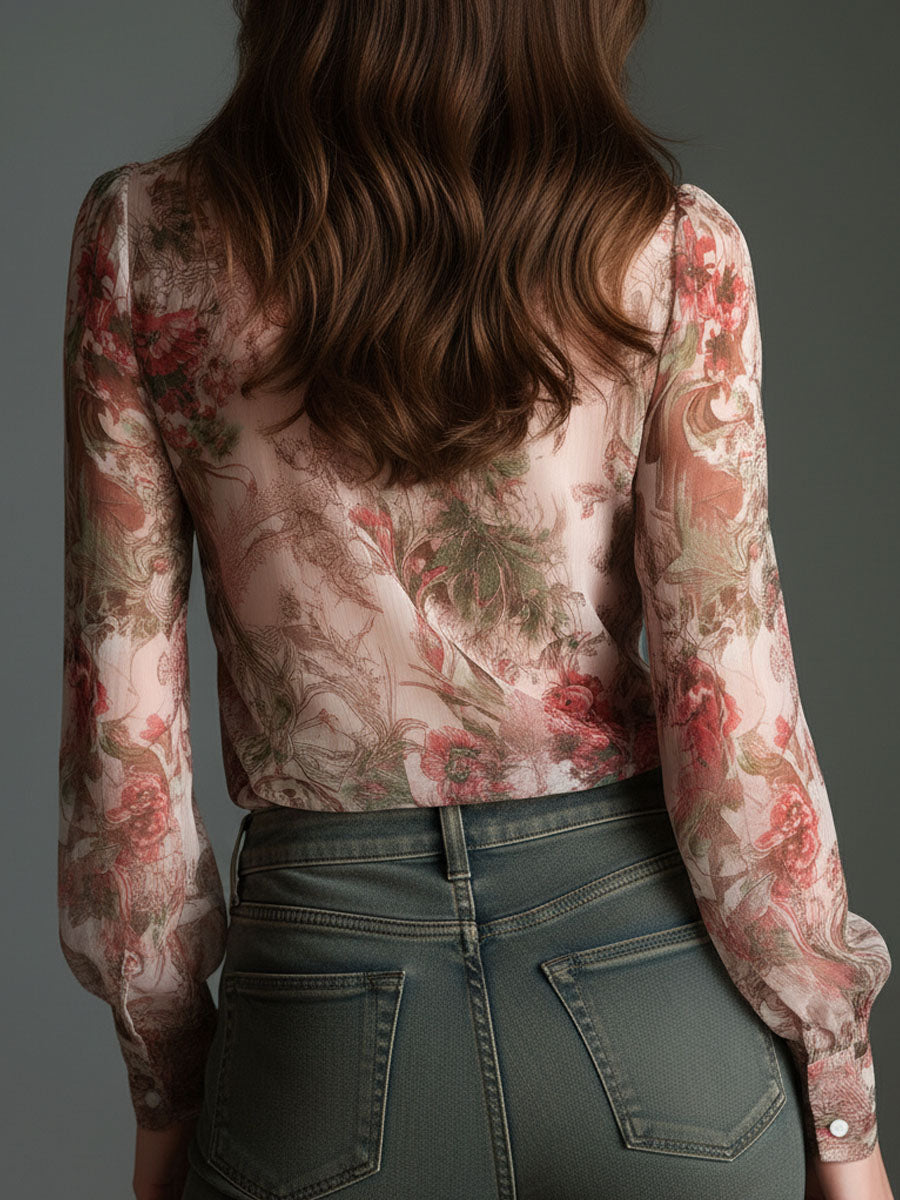 Retro Romantic Floral Chiffon Bow-Tie Blouse