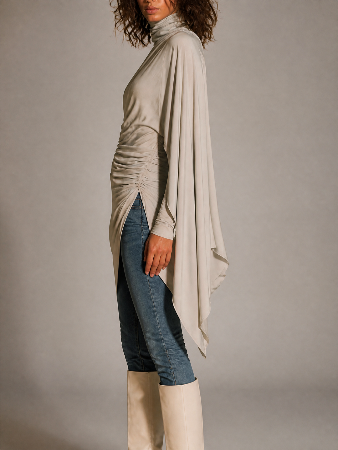 Ivory Scarf Neck Draped Asymmetric Top