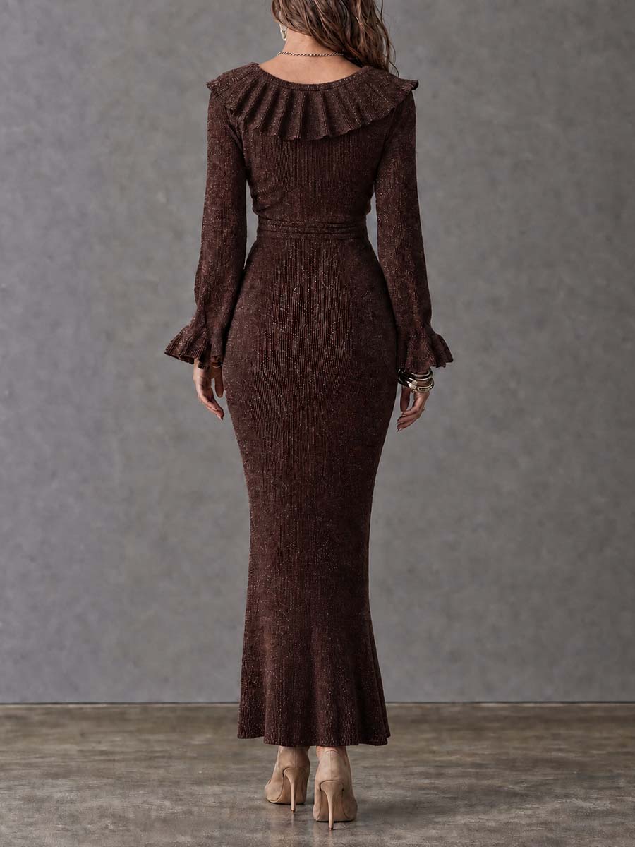 Boho Brown Ribbed Knit Ruffle Trim Bodycon Midi Dress