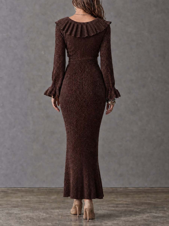 Boho Brown Ribbed Knit Ruffle Trim Bodycon Midi Dress
